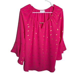 Fyve Blouse Women's Large Neon Pink V-Neck Keyhole Metallic 3/4 Sleeve Flare Top
